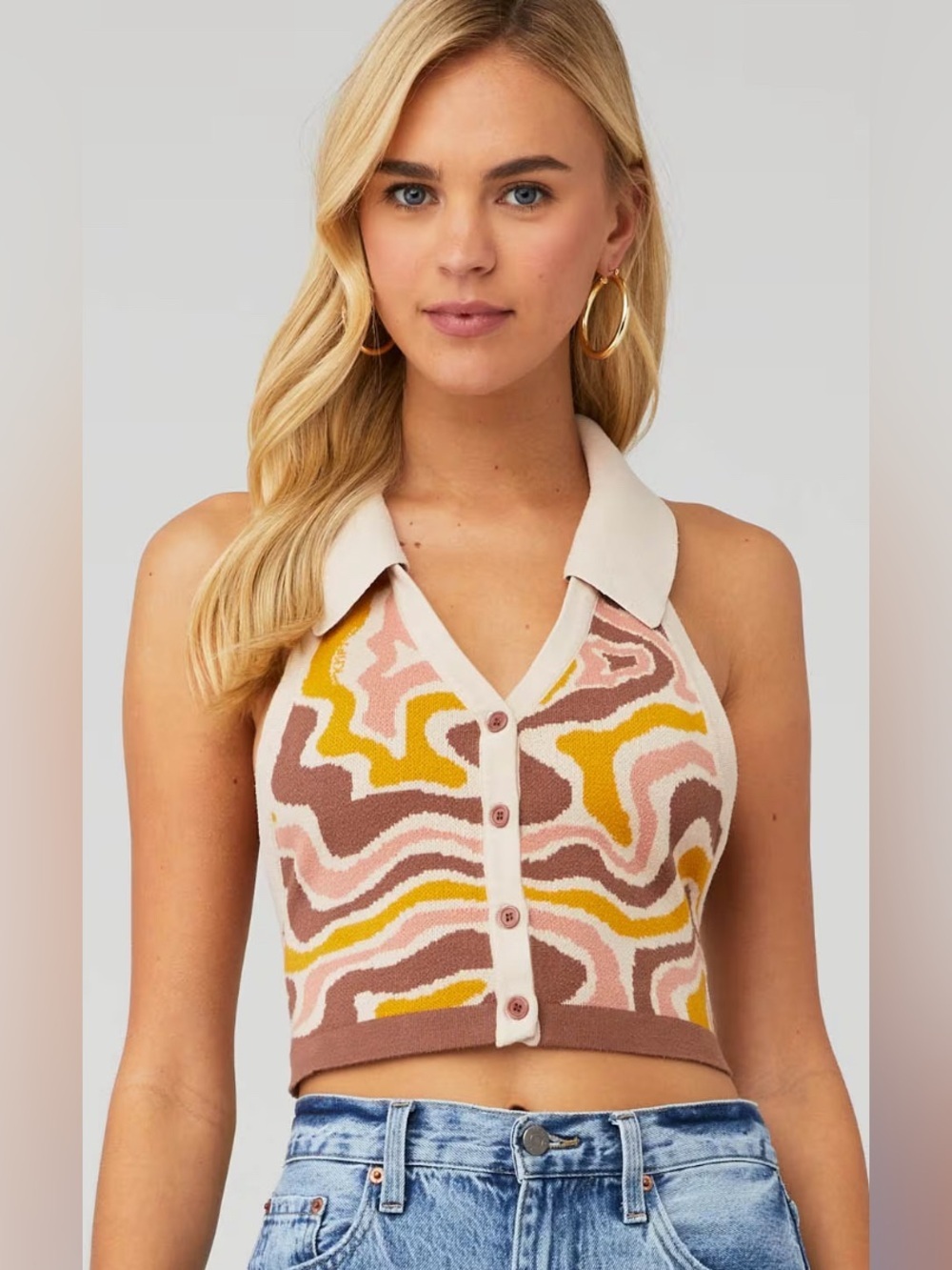 The Kript Brown Beige Swoosh Collared Knit Button Front Crop Top M/L